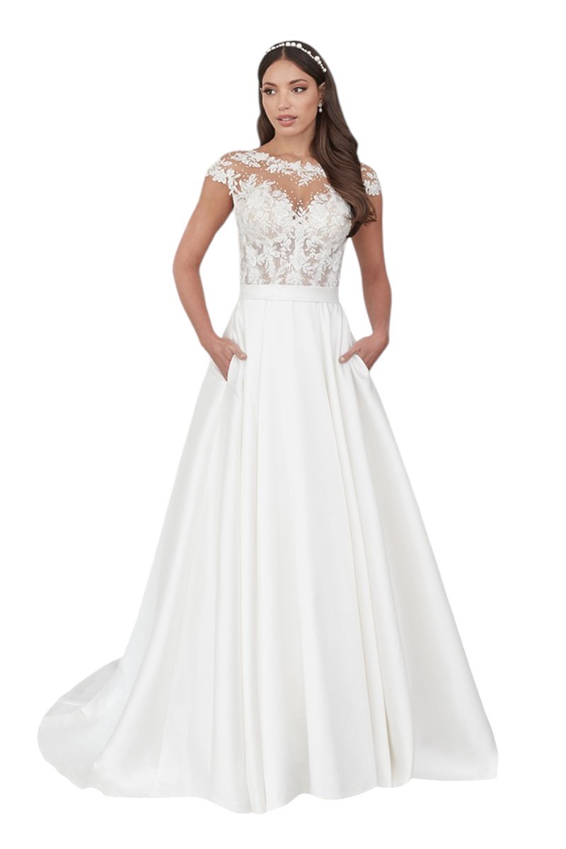 N000027 Mikado Ball Gown with Beaded Sabrina Neckline and Pockets